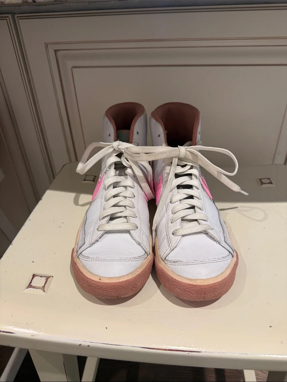 Nike Blazer White High-Top Sneakers with Pink Swoosh